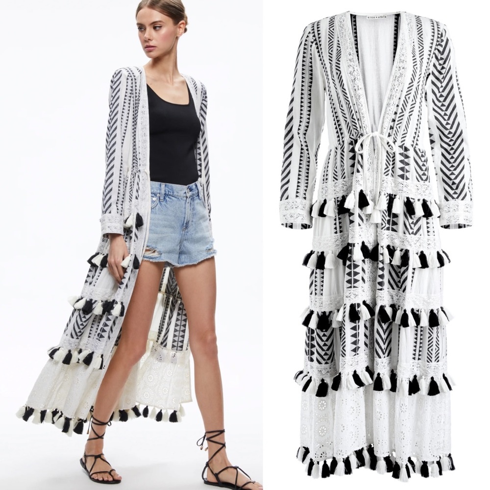 Alice + Olivia Talka Drawstring Tiered Tassel Kimono - 0